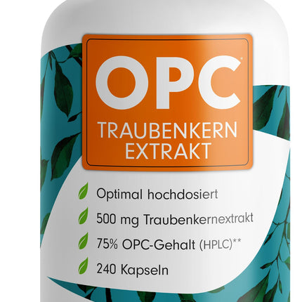 OPC vīnogu kauliņu ekstrakts - 240 kapsulas ar 75% tīra OPC katrā kapsulā - laboratorijā pārbaudīts (HPLC metode) ar sertifikātu: Īsts 75% OPC saturs - 500 mg - 100% vegāns