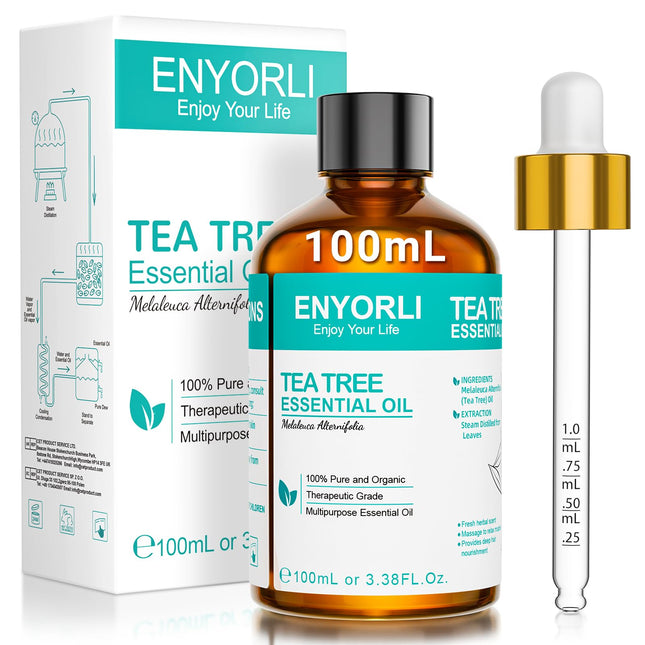 ENYORLI tējas koka eļļa 100 ml dabīga tējas koka eļļa 100% tīra un ēteriska aromterapijas eļļa vegāna tējas koka ēteriskā eļļa difuzoram, šampūnam, sejai, ādai, nagiem