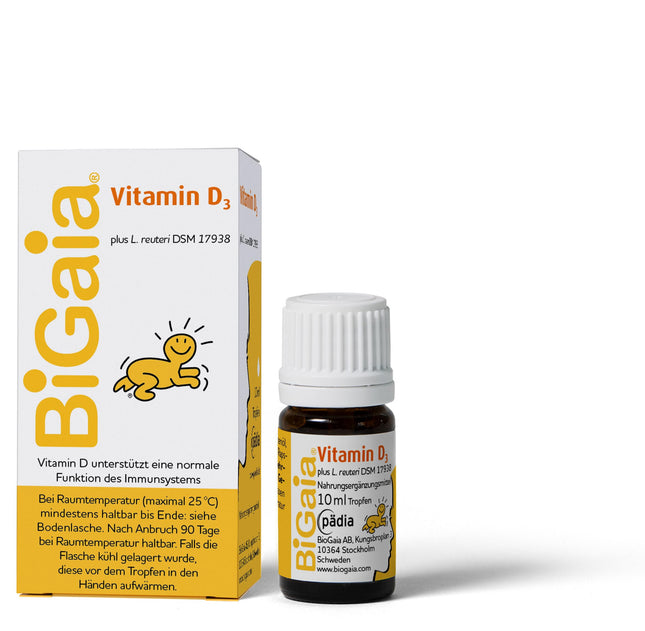 BiGaia Drops Plus D3 vitamīns, 10 ml, ar dabīgu pienskābes baktēriju L. reuteri zarnu mikrofloras atbalstam, zīdaiņiem no dzimšanas