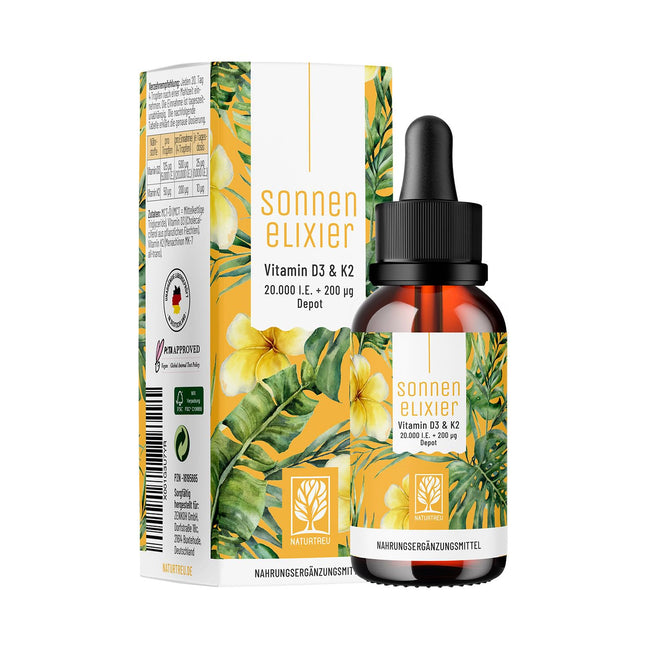 NATURTREU® D3 K2 vitamīna pilieni, lielas devas un vegāniski - 20 000 SV D3 vitamīns + K2 vitamīns MK7 200 mcg devā (depo)