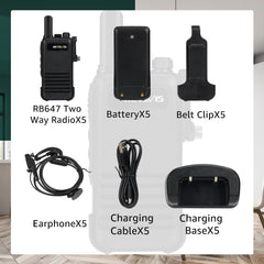 Retevis RB647 IP67 ūdensizturīga rācija, pārnēsājama divvirzienu rācija ar austiņu, PMR446 uzlādējama 1000 mAh, VOX, profesionālas rācijas restorāniem, viesnīcām (melnas, 5 gab. iepakojumā)