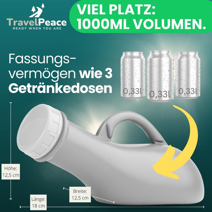 TRAVELPEACE® - pisuāra pudele - 3 vienā komplekts - ar komforta higiēnas birsti - ieskaitot Privātuma soma - pisuārs sievietēm un vīriešiem