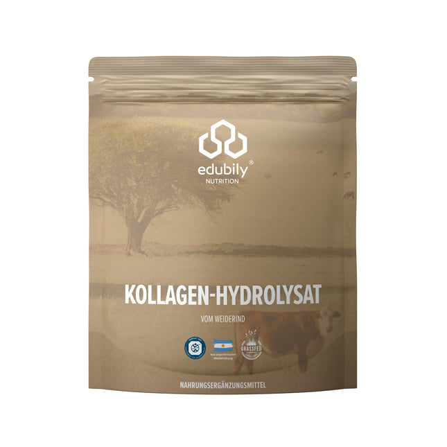 edubily nutrition® kolagēna pulveris • No sertificētām ganību saimniecībām • Augstākās kvalitātes kolagēna hidrolizāts ar kofaktoriem locītavu veselībai un stipriem saistaudiem • Iepakots maisiņā ar līplīša aizdari (750 g)