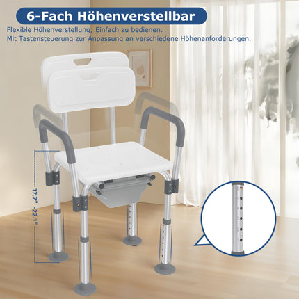 YRHome Augstumā regulējams alumīnija tualetes krēsls, dušas krēsls ar noņemamiem roku balstiem un atzveltni, neslīdošs dušas krēsls, līdz 150 kg, senioriem, grūtniecēm un cilvēkiem ar ierobežotu mobilitāti