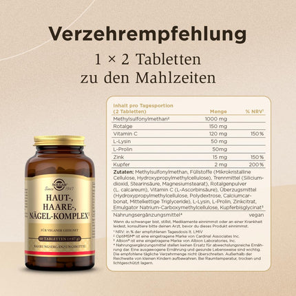 SOLGAR® Ādas, matu un nagu komplekss | ar MSM, sarkanajām aļģēm, C vitamīnu, lizīnu, prolīnu, cinku un varu matiem, ādai un nagiem | Unikāla formula ar patentētu OptiMSM® | 60 tabletes