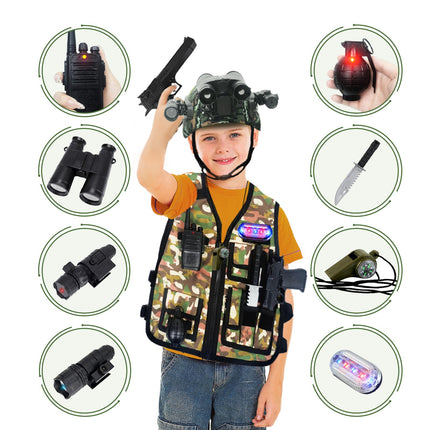KalaDuck militārais kostīms bērniem, 12 gabalu militārā aprīkojuma rotaļlieta ar Airsoft taktisko ķiveri, militāro vesti, rāciju, lomu spēles Helovīna armijas karavīra maskēšanās kostīms zēniem un meitenēm