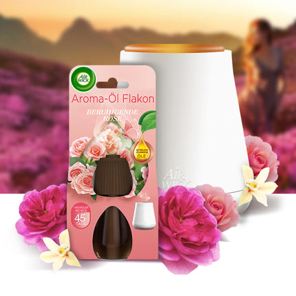 Air Wick Aroma eļļas pudeļu sākuma komplekts - difuzors ar 2 uzpildēm - aromterapija - aromāts: nomierinoša roze - ziedu telpas aromāts ar ēteriskajām eļļām - 2 x 20 ml eļļas + ierīce baltā krāsā