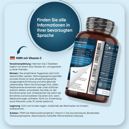 MSM 2400 mg ar 100 mg C vitamīna - 360 vegānas tabletes 6 mēnešu krājumam - Metilsulfonilmetāns un C vitamīns - Alternatīva kapsulām un pulverim - Bez glutēna un magnija stearāta - WeightWorld
