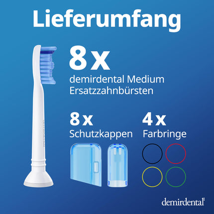 8 demirdentālo uzgaļu iepakojums, kas piemēroti Philips Sonicare nomaiņas birstēm. ProResults vidēja izmēra birstes galviņas ikdienas precīzai zobu tīrīšanai, līdzvērtīgas HX6018.