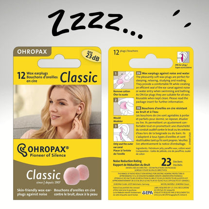OHROPAX — Classic — Ausu aizbāžņi — 1x 12 gabali — Priekšausu aizbāžņi aizsardzībai pret troksni — Vaska ausu aizbāžņi atpūtai un miegam, kā arī aizsardzībai pret mitrumu un vēju