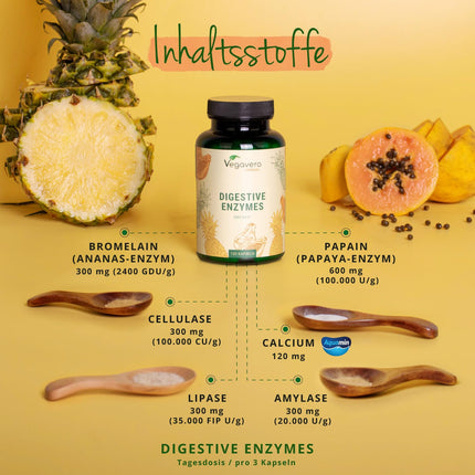 Enzīmu komplekss | Bromelaīns - Papaīns - Amilāze - Lipāze - Celulāze | Zarnās šķīstošās apvalkotās DRCaps® kapsulas | Dabīgie gremošanas enzīmi | Laboratorijā pārbaudīts | Bez piedevām | Vācu ražojums Vegavero®