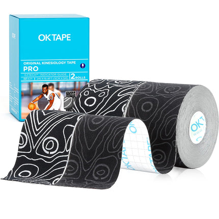 OK TAPE Pro kinezioloģiskais lente (5 cm x 5 m) Ūdensizturīga, ādai draudzīga, elastīga kinezioloģiskais lente ceļa, elkoņa un pleca sāpēm (2 ruļļi, melna + melnbalta)
