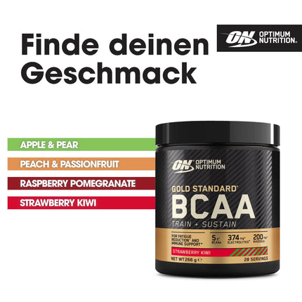Optimum Nutrition Gold Standard BCAA Train + Sustain, aminoskābju pulveris lietošanai pirms treniņa, sporta dzēriens ar C vitamīnu, cinku, magniju un elektrolītiem, zemeņu-kivi garša, 28 porcijas, 266 g