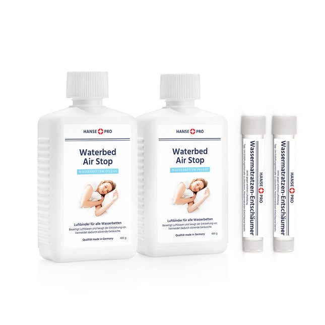 Hanse Pro Air Binder komplekts ūdensgultām, 2 x 250 ml Air Stop, 2 x 15 ml ūdensgultas putu slāpētājs | Aprūpe | Gaisa saistviela | Gaisa šķīdinātājs | Novērš gaisa troksni ūdensgultās | Burbuļu apturēšana