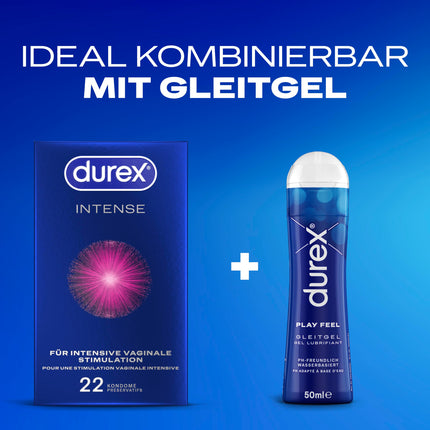 Durex Intense prezervatīvi – ar izciļņiem, ribām un samitrināti ar Desirex gēlu – ideāli pieguļ un viegli attināmi – 22 prezervatīvi (1 iepakojums)