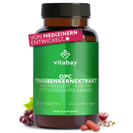 Vitabay OPC vīnogu kauliņu ekstrakts 1000 mg augsta deva - 120 vegānas kapsulas ar laika atbrīvošanu - vīnogu kauliņu ekstrakts ar polifenoliem - dabīgas augu vielas bez nevēlamām piedevām - laboratoriski pārbaudīts