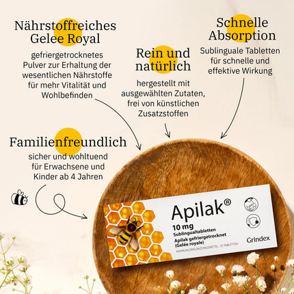 Apilak Grindex 10 mg - uztura bagātinātājs ar liofilizētu peru pieniņu | Atbalsts pieaugušajiem un bērniem | 25 dabīgas sublingvālās tabletes