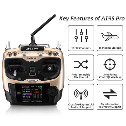 Radiolink AT9S Pro RC tālvadības pults ar uztvērēju, 10/12 kanāli ar uztvērēju - R9DS 2,4 GHz tālvadības pults raidītājs RC droniem, lidmašīnām, planieriem, automašīnām, laivām (2. režīms, kreisā roka)