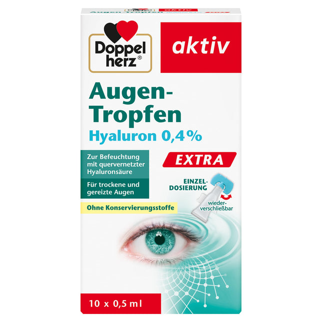 Doppelherz acu pilieni Extra Hyaluron 0,4% – Mitrinoši acu pilieni ar nomierinošu iedarbību sausām un kairinātām acīm – 10 x 0,5 ml
