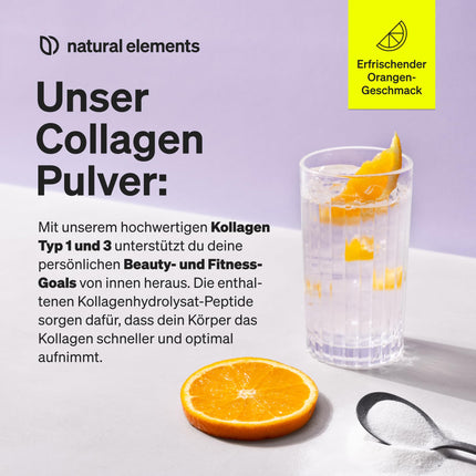 Kolagēna pulveris 500 g – kolagēna hidrolizāta peptīdi – 1. un 3. tipa kolagēns – svaiga apelsīnu garša, lieliska šķīdība, dabīgs, laboratorijā pārbaudīts un ražots Vācijā