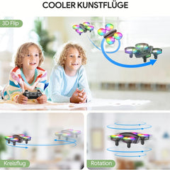 Mini drons ar kameru HD 1080P bērniem iesācējiem, TOMZON RC kvadrokopters ar krāsainām gaismas diodēm, ilgs lidojuma laiks, 360° propelleru aizsardzība/metiens/3D apgrieziens/, helikoptera tālvadības rotaļu drons iekštelpām