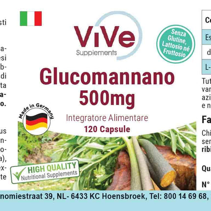 Glikomanāns 500 mg - 120 vegānas kapsulas no konjaka saknes ekstrakta - dabīgs pildvielas palielinātājs, šķiedrvielas | Kvalitāte no Vācijas, ko nodrošina ViVe Supplements
