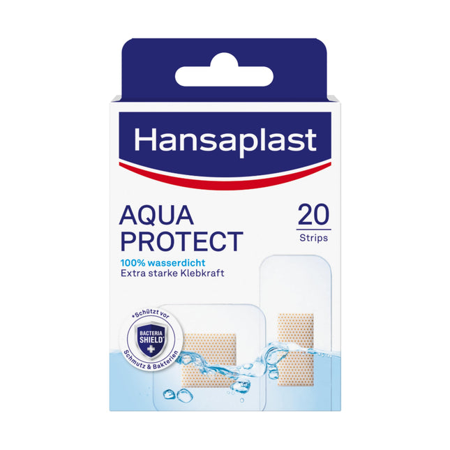 Hansaplast Aqua Protect plāksteri (20 strēmelītes), ūdensizturīgi brūču plāksteri ar īpaši spēcīgu līmi, pašlīmējošs plāksteris, kas ideāli piemērots dušošanai, peldēšanai un vannošanai.