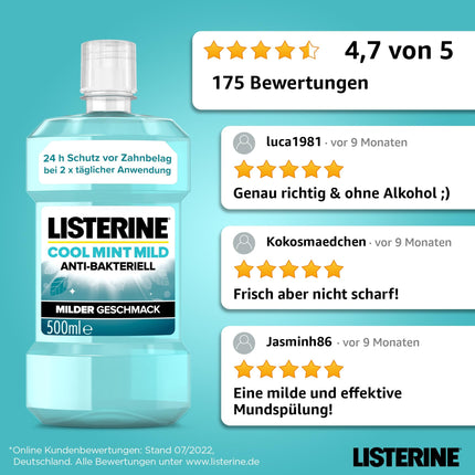 LISTERINE Cool Mint Mild (500 ml), antibakteriāls mutes skalošanas līdzeklis ar ēteriskajām eļļām un bezalkoholisks, maigs zobu kopšanas līdzeklis, samazina aplikumu, efektīvi cīnās ar sliktu elpu.