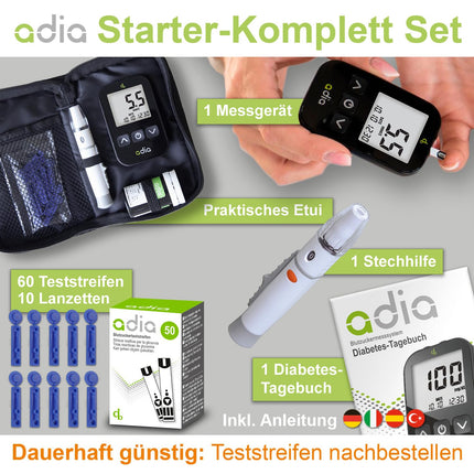 Adia asins glikozes mērītājs (mmol) ar 60 asins glikozes testa strēmelītēm, 10 lancetēm, 1 lancetes ierīci, 1 maciņu, vērtību komplektu asins glikozes paškontrolei diabēta gadījumā
