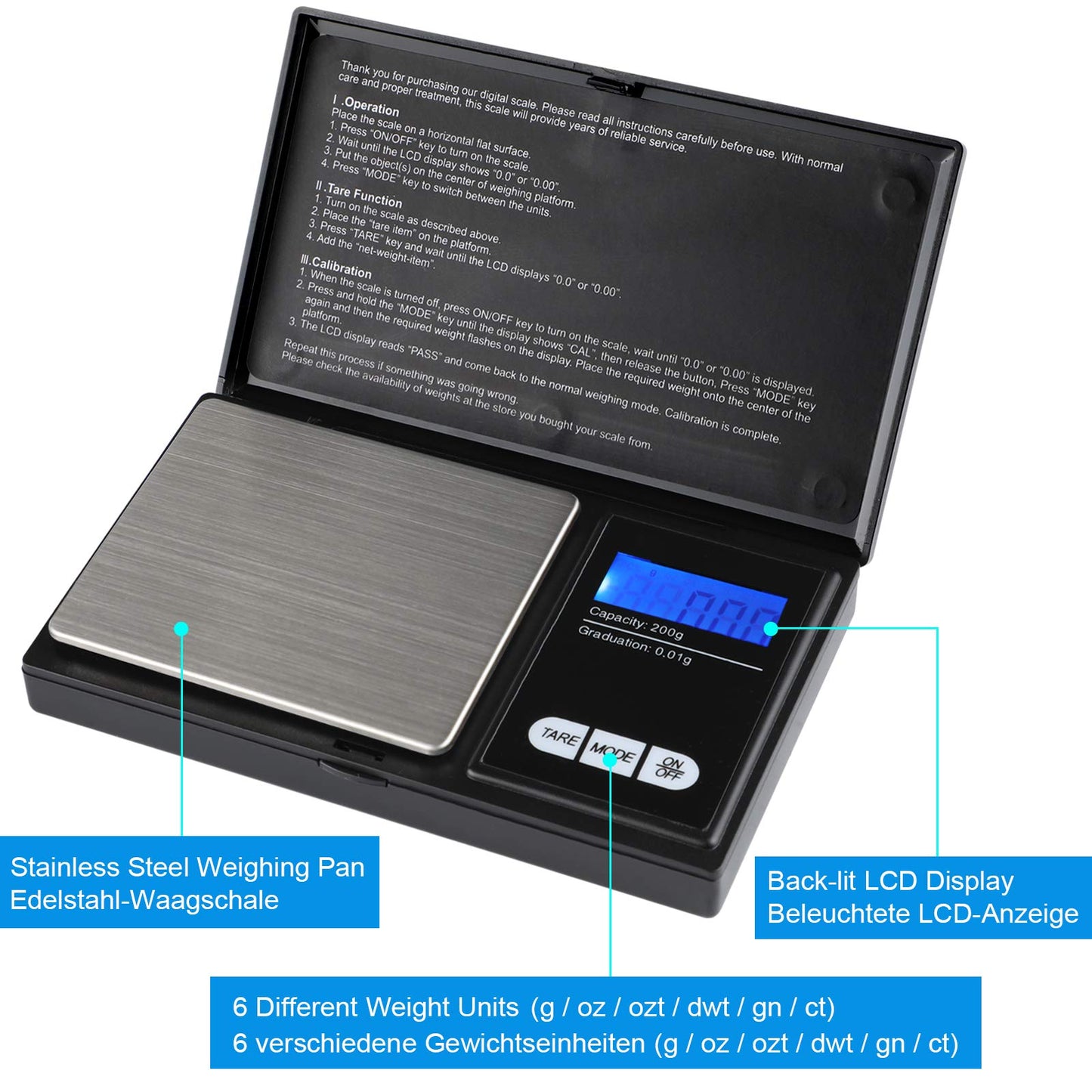 200g/0,01g kabatas svari - Ascher digitālie kabatas svari, 200 x 0,01g, kabatas svari, precīzijas svari, digitālie svari, zelta svari, monētu svari