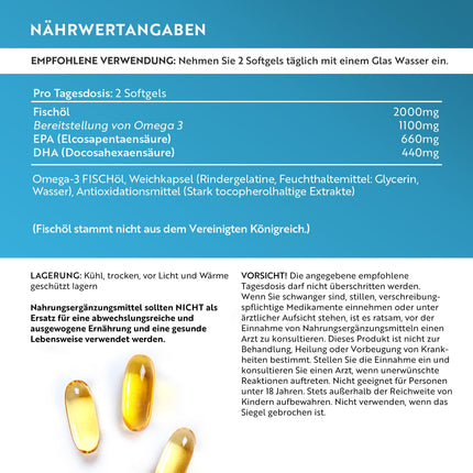 Omega 3 kapsulas, lielas devas 240–2000 mg zivju eļļas kapsulas ar 660 mg EPA un 440 mg DHA vienā porcijā — Omega 3 eļļa, tīra zivju eļļa no ilgtspējīgas zvejniecības — Testēts/sertificēts Vācijā — Nutravita