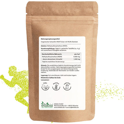 MSM pulveris 1000g | 99,9% tīra organiskā sēra | Augstākās kvalitātes metilsulfonilmetāns bez piedevām | Vegāns