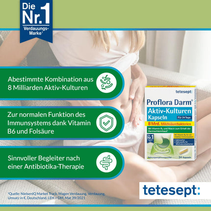 tetesept Proflora zarnu aktīvo kultūru kapsulas – 4 x 24 kapsulas – uztura bagātinātājs ar 8 miljardiem pienskābes baktēriju, vitamīniem un inulīnu – liels iepakojums