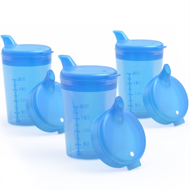 Horn Medical 3 pieaugušo dzeršanas krūzīšu/dzeršanas palīglīdzekļu komplekti (250 ml) ar diviem vāciņiem (liels un mazs atvērums) katrā komplektā - krāsa pēc izvēles (zila)