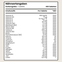 Multivitamīnu tabletes ar augstu devu - 400 mg vitamīnu, minerālvielu un uztura bagātinātāju dienas deva AZ Vitamīni + minerālvielas | Uztura bagātinātājs sievietēm/vīriešiem vegānu multivitamīnu komplekss, VitaBright