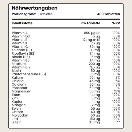 Multivitamīnu tabletes ar augstu devu - 400 mg vitamīnu, minerālvielu un uztura bagātinātāju dienas deva AZ Vitamīni + minerālvielas | Uztura bagātinātājs sievietēm/vīriešiem vegānu multivitamīnu komplekss, VitaBright