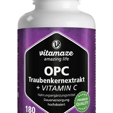 OPC vīnogu kauliņu ekstrakta kapsulas, sertificētas, augsta deva: 450 mg tīra OPC, 180 kapsulas 6 mēnešiem, dabīgs uztura bagātinātājs bez piedevām, ražots Vācijā