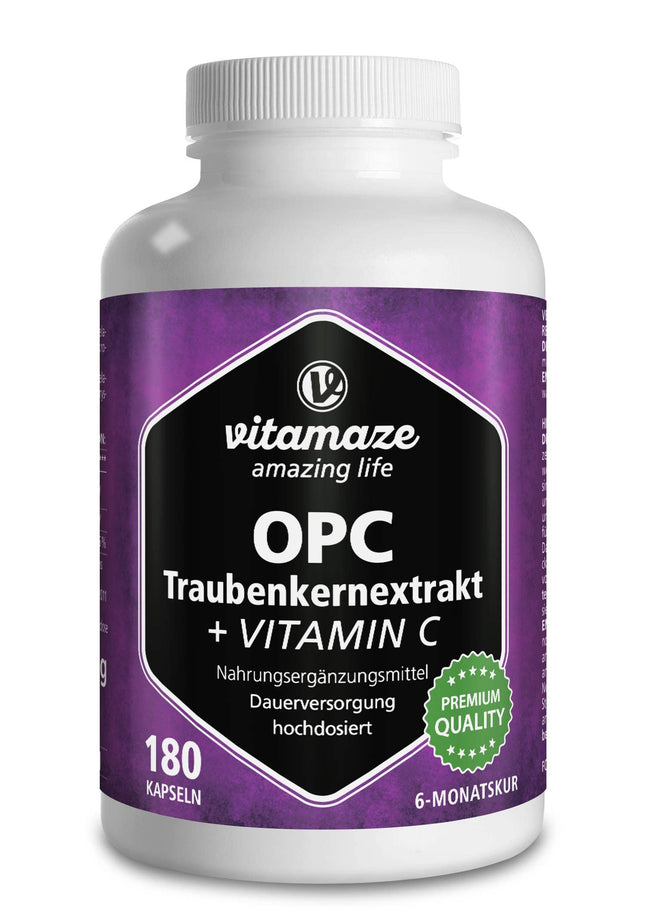OPC vīnogu kauliņu ekstrakta kapsulas, sertificētas, augsta deva: 450 mg tīra OPC, 180 kapsulas 6 mēnešiem, dabīgs uztura bagātinātājs bez piedevām, ražots Vācijā