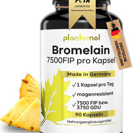 Bromelaīna kapsulas ar 7500 FIP/kapsulu - Augsta bromelaīna deva - 750 mg bromelaīna enzīma no ananasiem - Enzīmu aktivitāte 10 000 FIP/g - 3 mēnešu krājums