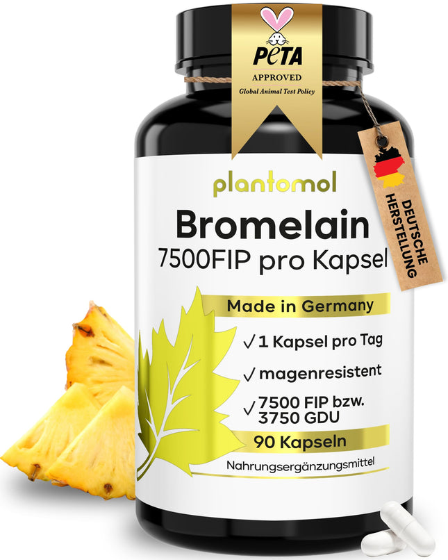 Bromelaīna kapsulas ar 7500 FIP/kapsulu - Augsta bromelaīna deva - 750 mg bromelaīna enzīma no ananasiem - Enzīmu aktivitāte 10 000 FIP/g - 3 mēnešu krājums