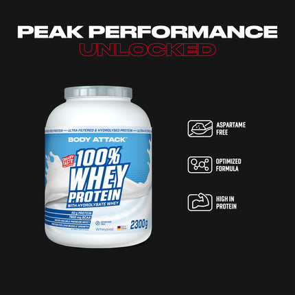 Body Attack 100% sūkalu proteīns - Cookies n Cream, 2,3 kg - ražots Vācijā - īpaši krēmīgs proteīna pulveris ar hidrolizātu un BCAA, atbalsta muskuļu augšanu un diētas, visiem sportistiem un sievietēm