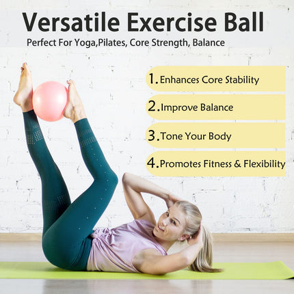 PROIRON vingrošanas bumba maza 25 cm, Pilates bumba ar treniņu instrukcijām, fitnesa bumba maza ar piepūšamu salmiņu, vingrošanas bumba Pilates, jogai, visa ķermeņa treniņam - rozā
