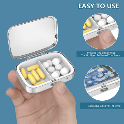 Tablešu kastīte ar 2 nodalījumiem, zāļu tablešu kastīte, pārnēsājama tablešu kastīte kabatai vai somiņai, dekoratīvs metāla zāļu vitamīnu organizators, unikāla dāvana
