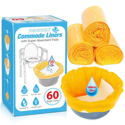 RINOZO 60 gab. īpaši absorbējoši tualetes poda paliktņi naktsskapīšiem, universāli piemēroti visiem standarta pārnēsājamo tualetes podu spaiņiem, vienreizlietojami atkritumu maisi, 60 gab. maisiņi + 60 gab. paliktņi