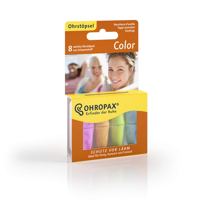 Ohropax COLOR ausu aizbāžņi - krāsaini putuplasta ausu aizbāžņi trokšņu aizsardzībai - festivāliem un koncertiem, atpūtai, gulēšanai un mūzikas klausīšanai - 8 gabali