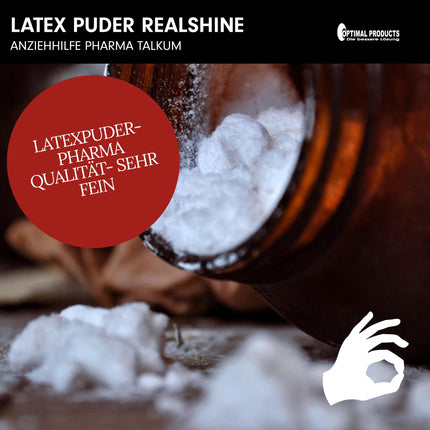 Optimal Products lateksa pulveris REALSHINE 650 g I balts talka pulveris, kas piemērots kā pārsiešanas līdzeklis lateksa apģērbam, lateksa cimdiem un to uzglabāšanai I bez smaržas, farmaceitiskas kvalitātes talks, antistatisks