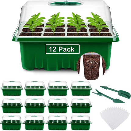 YAUNGEL iekštelpu siltumnīcas pavairotājs, 12 iepakojumi, 144 šūnas, mini siltumnīcas pavairošanas komplekts, stādu sākuma paplātes, siltumnīcas pavairošanas paplāte ar vāku un ventilāciju stādiem, zaļa
