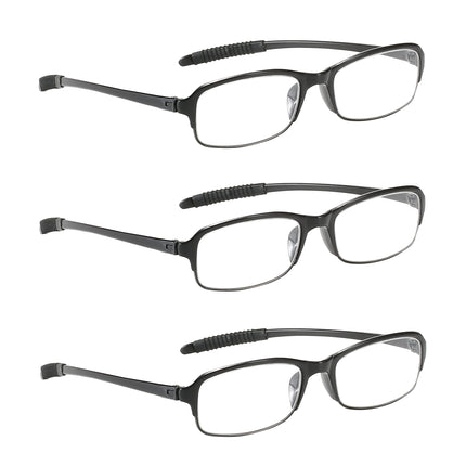 NRDIK PROFLEX vieglās (3 gab. iepakojumā) elastīgās lasāmbrilles - triecienizturīgas, skrāpējumu izturīgas, lokāmas, neslīdošas, unisex (vīriešiem + sievietēm), pieejamas (ovālas, melnas, 2.0)
