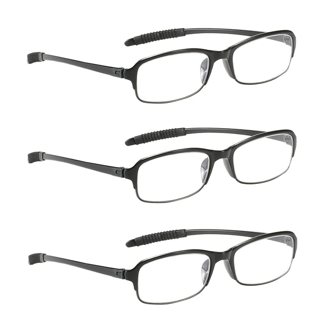 NRDIK PROFLEX vieglās (3 gab. iepakojumā) elastīgās lasāmbrilles - triecienizturīgas, skrāpējumu izturīgas, lokāmas, neslīdošas, unisex (vīriešiem + sievietēm), pieejamas (ovālas, melnas, 2.0)