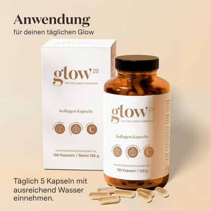 Glow25® kolagēna kapsulas ar augstu devu [180 kapsulas] ar hialuronskābi un C vitamīnu | Augstākās kvalitātes kolagēna komplekss | Laboratorijā pārbaudīts